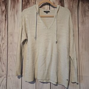 American Eagle Outfitters Cream V-Neck Hooded Sweater Size Small